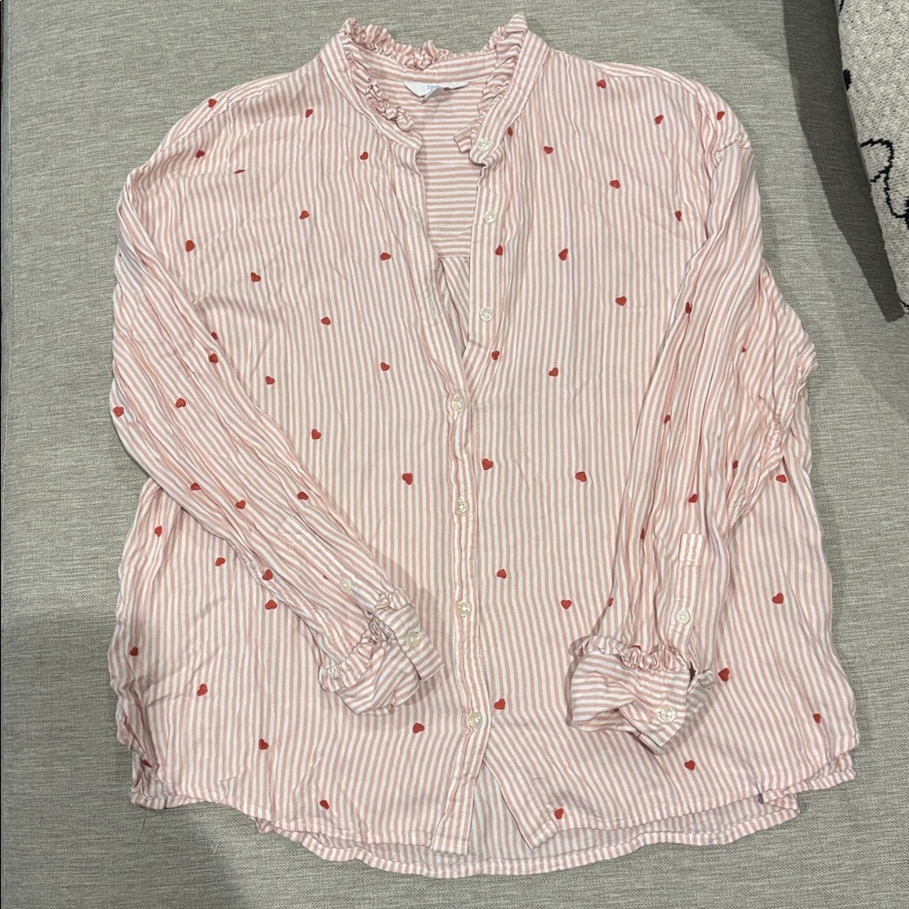 Time and Tru Pink Striped Ruffle Blouse with Red Hearts